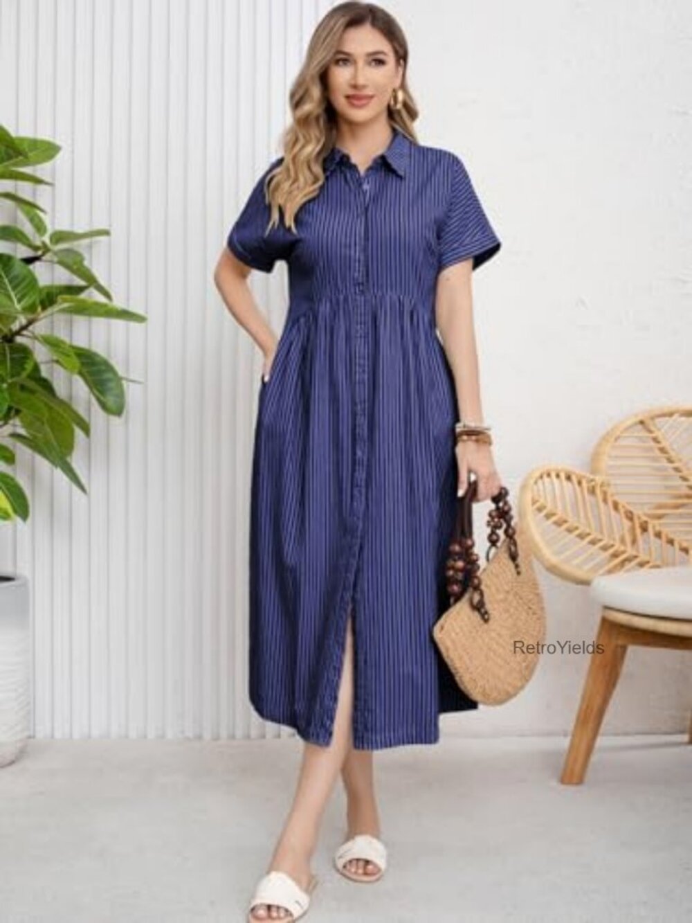 Women's Boho Striped Shirt Dress with Pockets A-Line Midi - Picture 5 of 7